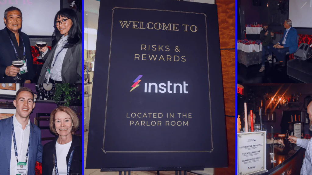 fintech meetup sign, people holding drinks at event.